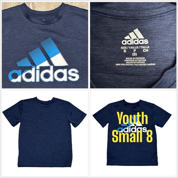 Adidas Youth YS Small 8 Short Sleeve T-Shirt Top Tee Navy Blue White Aeroready - Picture 1 of 7